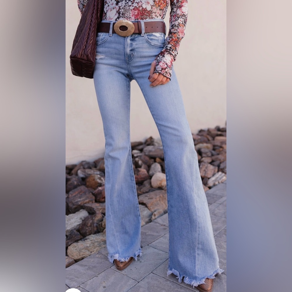 KanCan Light Blue Flare Jeans with Frayed Hem
